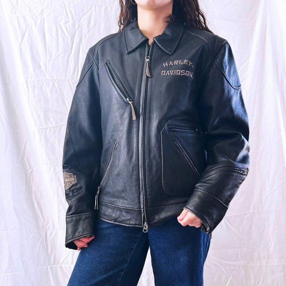 90's Oversized Harley Davidson Motorcycle Leather Bomber Jacket - Picture 2 of 5